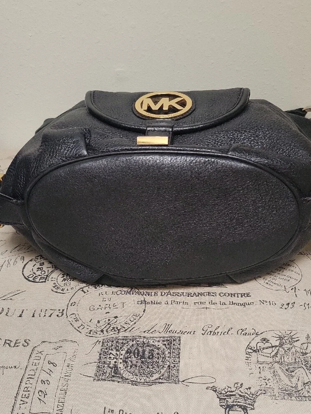 Michael Kors Black Pebbled Leather Shoulder Bag with Gold MK Emblem